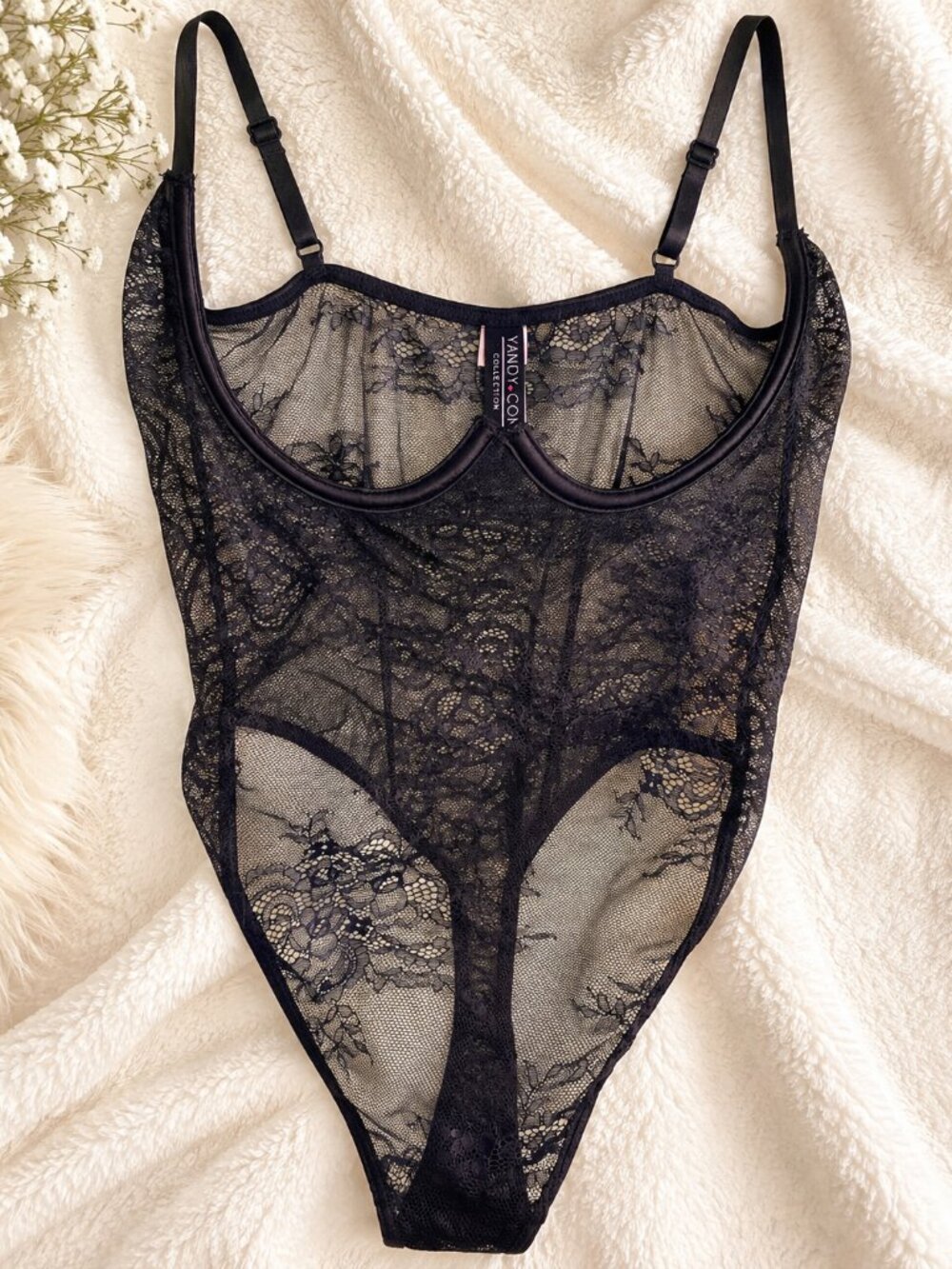 Vandy.com Collection Black Sheer Floral Lace Underwire Teddy Bodysuit M 199